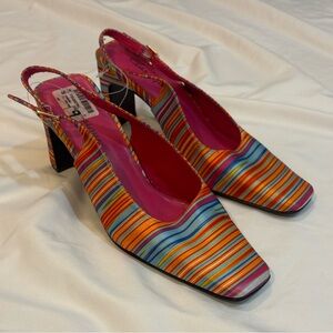 90s / Y2K Funky Colorful Stripe Slingback Block Heel Square Toe Deadstock, 9